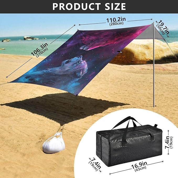 ALAZA Lions Nebula Beach Tent Sun Shelter UPF50+ Protection Beach Shade Canopy w/ 4 Sandbags for Outdoor Camping Fishing Backyard Fun Picnic 10x9 ft
