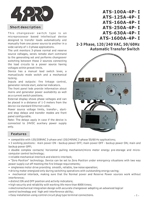 4PRO ATS-125A-4P-iRC Automatic Transfer Changeover Switch 125A 120/208V 50Hz 60Hz 1-3 Phase