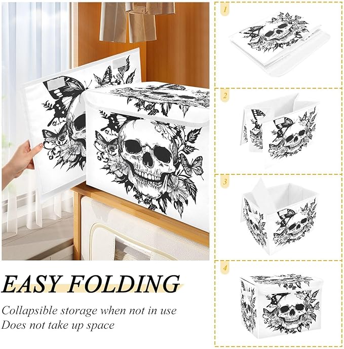 MNSRUU Containers Baskets with Lids Skull Butterfly Fabric Foldable Storage Bins Organizer with Lid Collapsible Storage Boxes for Home Bedroom Closet Office