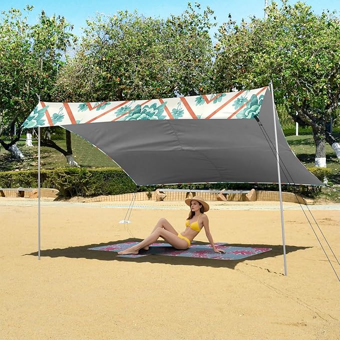 xigua Boho Tribal Aztec Beach Tent Sun Shelter with Carrying Bag - Silver Coated Oxford Fabric Beach Canopy for Beach Camping Fishing - Includes Windproof Ropes Sandbags &amp Stakes