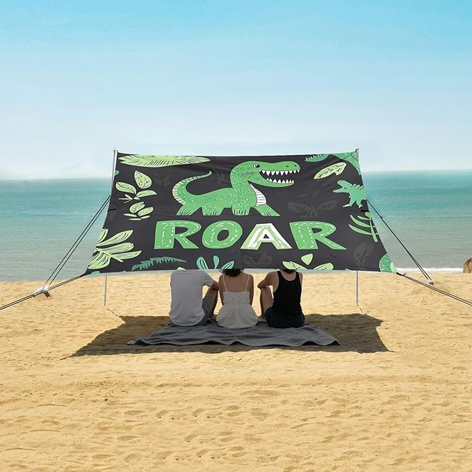 Dinosaurs Leaves Beach Tent UPF50+ Waterproof Sun Shelter with Sandbags and Shovel for Camping Fishing Backyard Fun