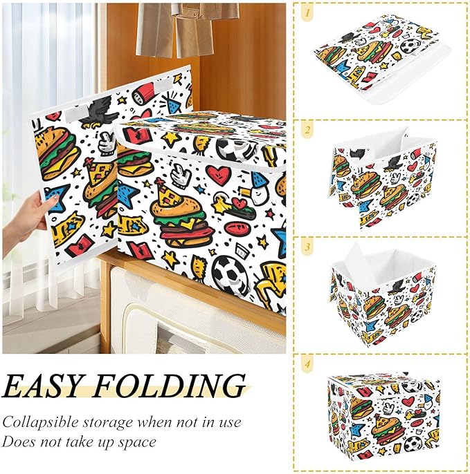 Storage Bins With Lid Stackable Fabric Closet Organizer Clothing Storage Large Boxes For Closet Shelves Bedroom Burger Soccer Heart Eagle Cartoon