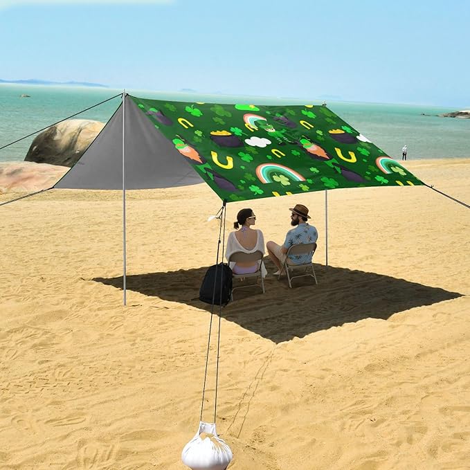 Beach Canopy with Windproof Ropes &amp Sandbags Beach Tent Sun Shade Sun Shelter for Camping Trips Fishing Backyard Fun or Picnics St. Patrick's Day