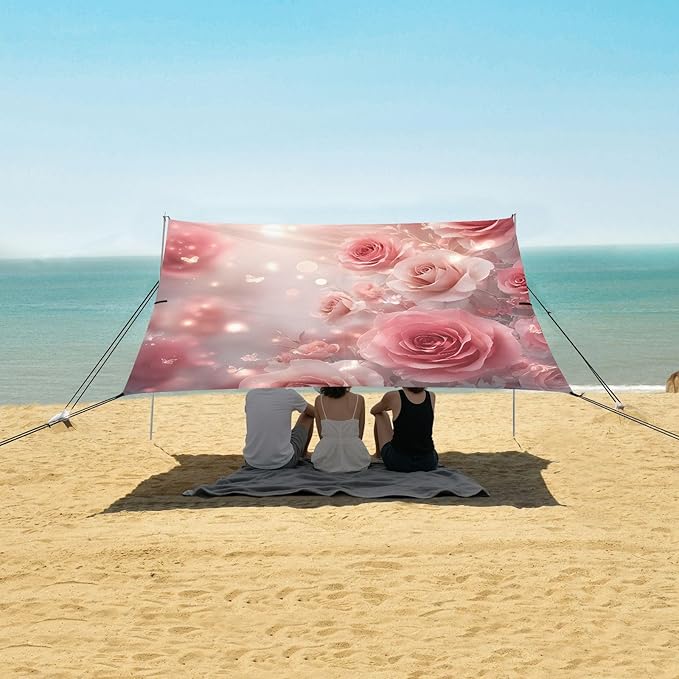 ALAZA Dreamy Pink Rose Flower Beach Tent Sun Shelter UPF50+ Protection Beach Shade Canopy w/ 4 Sandbags for Outdoor Camping Fishing Backyard Fun Picnic 10x9 ft