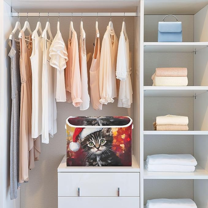 Storage Cube with Lid Cat Christmas Print 16.5×12.6×11.8 IN Collapsible Large Capacity Foldable Storage Basket Bin Organizer