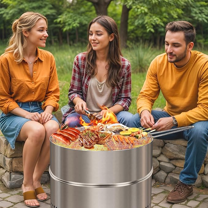 HGD 19.5 Inch Smokeless Firepit with Grill Portable Wood Burning Fire Pit for Camping &amp Backyard Stainless Steel Outdoor Fireplace with Travel Bag Easy Setup &amp Compact Storage - Foldable De