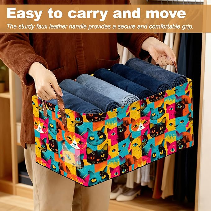 32L Large Storage Bins with Handles Cute Animal Basket Organizer for Shelves Closet Books Laundry &amp Home Decor (Abstract Cat)