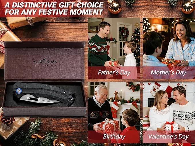 ALBATROSS Classic EDC Gift Satin Blade Ultra-Light Knife 2oz D2 Steel G10 Handle Liner Lock Thumb Hole Ergonomic Gift Box for Valentine‘s Day Birthday