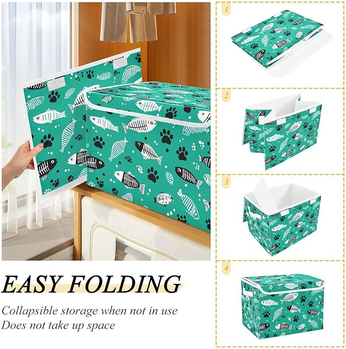 Collapsible Storage Bins with Lids Decorative Fabric Storage Cubes Closet Organizer and Storage Basket Boxes Containers for Clothes Box Chest Nursery Folding Rectangle Green Paw Prints Fish