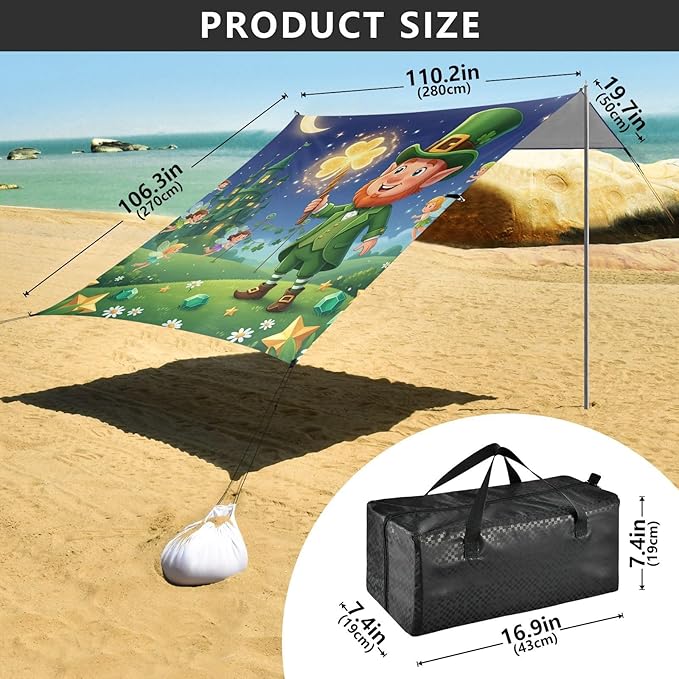 Beach Canopy with Windproof Ropes &amp Sandbags Beach Tent Sun Shade Sun Shelter for Camping Trips Fishing Backyard Fun or Picnics St. Patrick's Day