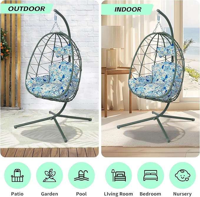 Hanging Egg Chair with Stand Outdoor Indoor Patio Rattan Swing Hammock Chairs with Washable Cushion PE Wicker Swing Chair for Backyard Bedroom Garden (Dark Green + Floral Cushion No Footrest)