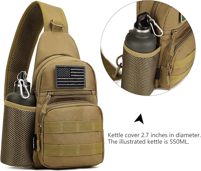 Protector Plus Tactical Sling Bag Military MOLLE Crossbody Pack Chest Shoulder Backpack with Water Bottle Holder Pouch EDC Diaper Motorcycle Bicycle Daypack (Patch Included)Brown
