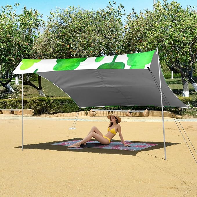 Beach Canopy with Windproof Ropes &amp Sandbags Beach Tent Sun Shade Sun Shelter for Camping Trips Fishing Backyard Fun or Picnics Green Trees