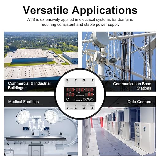 One-Click Setup Automatic Transfer Switch with Priority Phase L1＞L2＞L3 4P 63A 110V 40/50/60/70Hz ATS Electrical Selector Switch Generator Changeover Switch V/A Protector Din Rail Mount