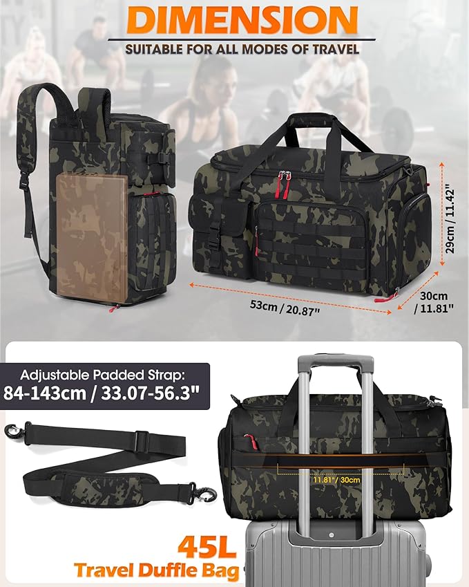 RAINSMORE Gym Bag for Men 45L Sports Travel Duffel Bag with Shoe &amp Laptop Compartment Gym Workout Backpack Carry On Weekender Bag Overnight Backpack for Travel Green Camo