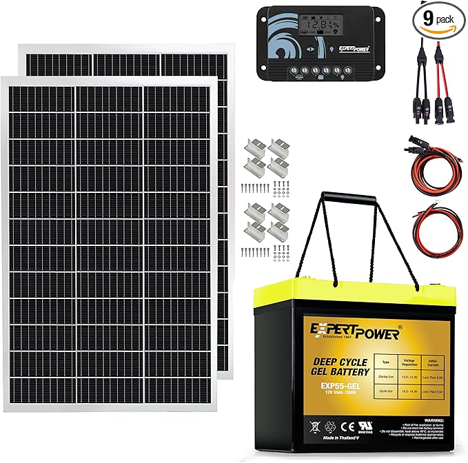 ExpertPower 200W 12V Solar Power Kit | 200-watt Mono Rigid Panel + 12V 55Ah Gel Battery + 20A Solar Charge Controller for RV Cabin Off-Grid DIY Solar Projects and More