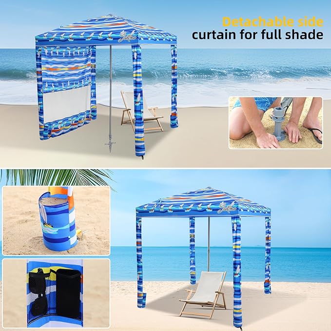 Jihfmo Beach Cabana 6.2'×6.2' Beach Canopy with Side Wall UPF 50+ UV Protection Easy Setup Tent Sun Shelter with Sand Pockets for Whole Family(Summer Sailboat)