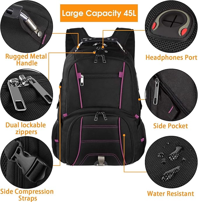 LTINVECK Extra Large BackpackTSA Friendly Travel Laptop Computer Backpack for Men WomenRFID Water Resistant Big Business Backbag Fits 17.3 Inch LaptopsPurple