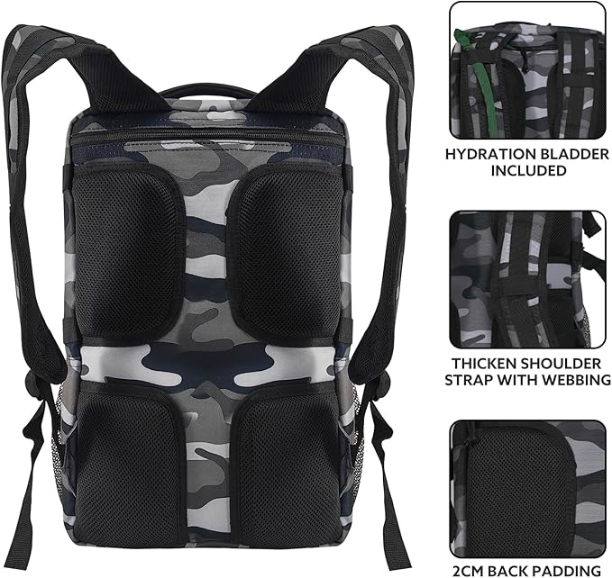 519 Fitness [Tactical All-Around] Modular Meal Prep Backpack - Grey Camouflage - Fits 17 Laptop - Removable Meal Part Hydration Bladder 3 Containers 2 Ice Packs &amp US Flag Patch