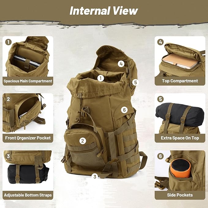 50L Tactical Backpack for Men and Women Water-Resistant Molle Rucksack Large Military Assault Pack for Hiking Hunting Camping Gym &amp Outdoor Survival Khaki