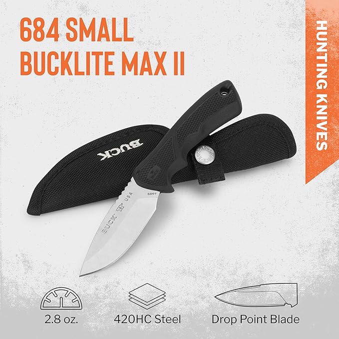 Buck Knives 684 Small BuckLite Max II Hunting Knife 3-1/4 Fixed Blade Dynaflex Rubber Handle 420HC Stainless Steel Drop Point Blade Sheath Included Knife Made in the USA 2.8 oz