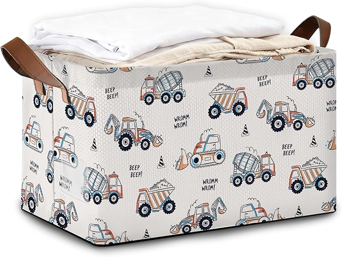 Storage Bin with Handles Cute Car Excavator Collapsible Laundry Baskets for Books Laundry - Use in Nursery Closet Organizers and Storage Blanket Basket