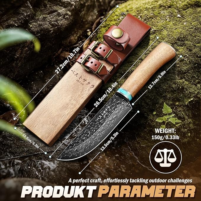 Freelander Damascus Fixed Blade Knife - 5.3 Inch Japanese Damascus Steel Knife with Sheath &amp Real Wood Handle Survival Knives for Camping Outdoor Adventures Gift for Men and Women