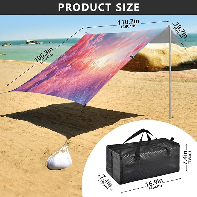 Meadow Pink Landscape Beach Tent Sun Shelter Set UPF50+ UV Protection 10.5 x 9.19 FT Camping Shade Canopy with Sandbags Sand Anchors Carrying Bag and Others