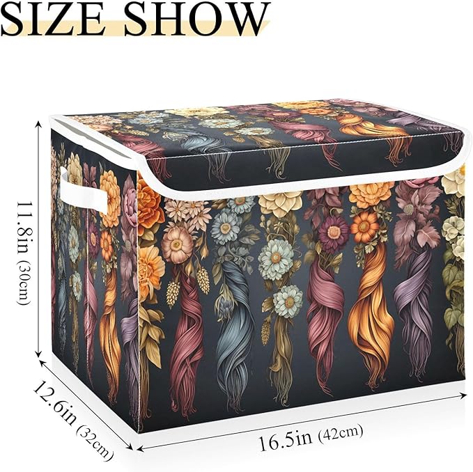 Aesthetic Flowers Storage Cube with Lid Collapsible Fabric Storage Bins Basket with Handle for Home Bedroom Closet Office 16.5×12.6×11.8 in