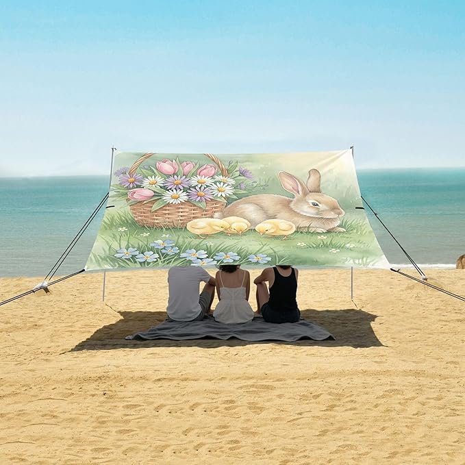 Easter Bunny Beach Canopy Sun Shelter with Sandbags &amp Sand Shovel &amp Windproof Ropes - Portable 110x126 Beach Shade Beach Tent for Camping Picnics