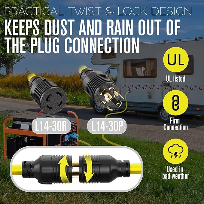 Houseables 30 Amp Generator Cord Generator Cord NEMA L14-30P to L14-30R 30 Amp Extension Cable 125/250V for 240V Use 240 Volt 30amp Power Wire 4 Prong Plug Dryer UL CUL 10 Gauge 7500W 25FT