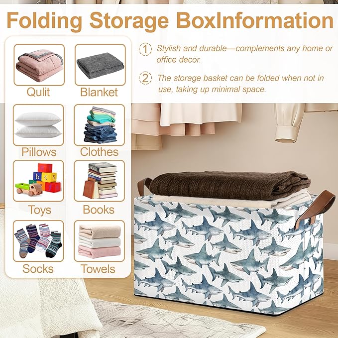 Sharks Storage Bin with Handles Basket Storage Organizer for Shelves Closet Nursery Book Laundry Hamper &amp Home Decor