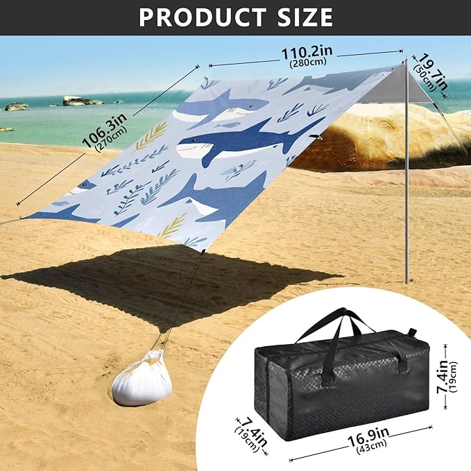 ALAZA Shark Grass Pattern Beach Tent Sun Shelter Portable Canopy Sunshade for Outdoor Camping Picnics Backyard Fun 10x9 ft
