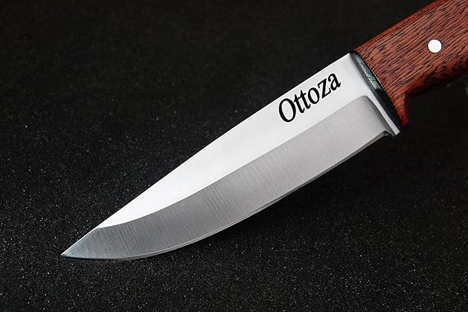 Ottoza Full Tang Bushcraft Knife with 1095 Carbon Steel Fixed Blade - Survival and Outdoor Camping Knife - Ballad Wood Handle Brown Leather Sheath 404