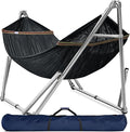 Tranquillo Double Hammock with Stand 650lb Capacity Double Hammock with Spreader Bar Solid Grade 201 Stainless Steel 30s Set Up Sturdy Flexible Hammock Stand Portable Outdoor Indoor Black