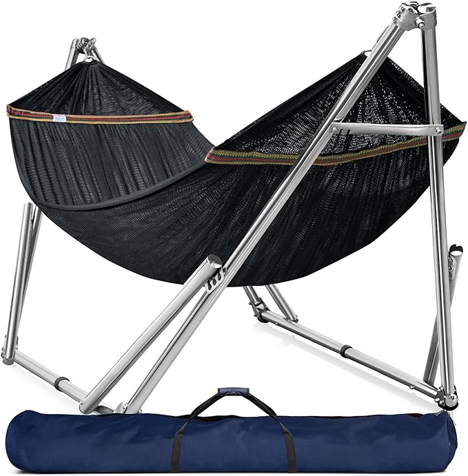 Tranquillo Double Hammock with Stand 650lb Capacity Double Hammock with Spreader Bar Solid Grade 201 Stainless Steel 30s Set Up Sturdy Flexible Hammock Stand Portable Outdoor Indoor Black