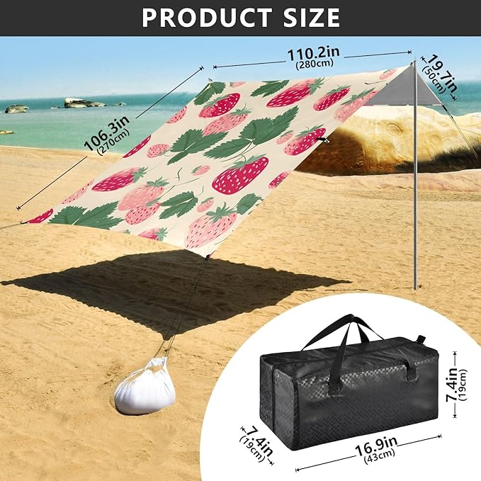 ALAZA Hand Drawn Strawberry Pattern Beach Tent Sun Shelter Portable Canopy Sunshade for Outdoor Camping Picnics Backyard Fun 10x9 ft