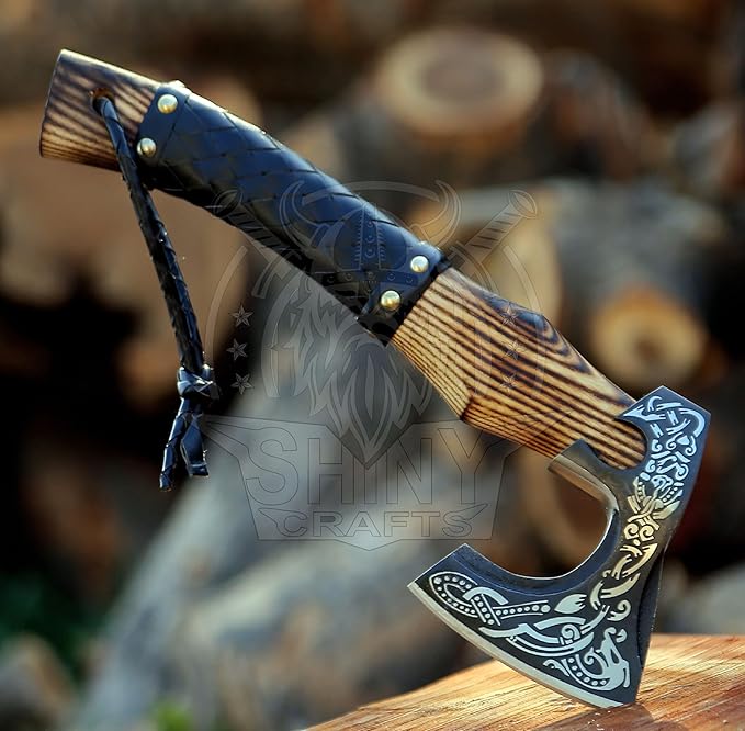 SHINY CRAFTS® Handcrafted Decorative Viking Axe with Leather-Wrapped Handle &amp Sheath – Engraved Blade – Ceremonial Collectible Gift for Men Warriors History Buffs Cosplay &amp Display (VBA-19)