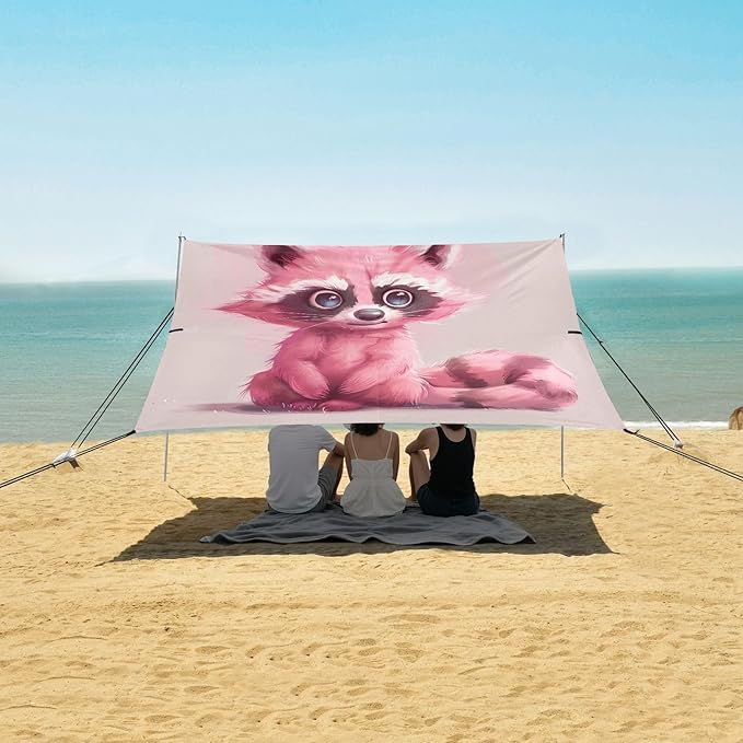 ALAZA Pink Raccoon Cartoon Beach Tent Sun Shelter UPF50+ Protection Beach Shade Canopy w/ 4 Sandbags for Outdoor Camping Fishing Backyard Fun Picnic 10x9 ft