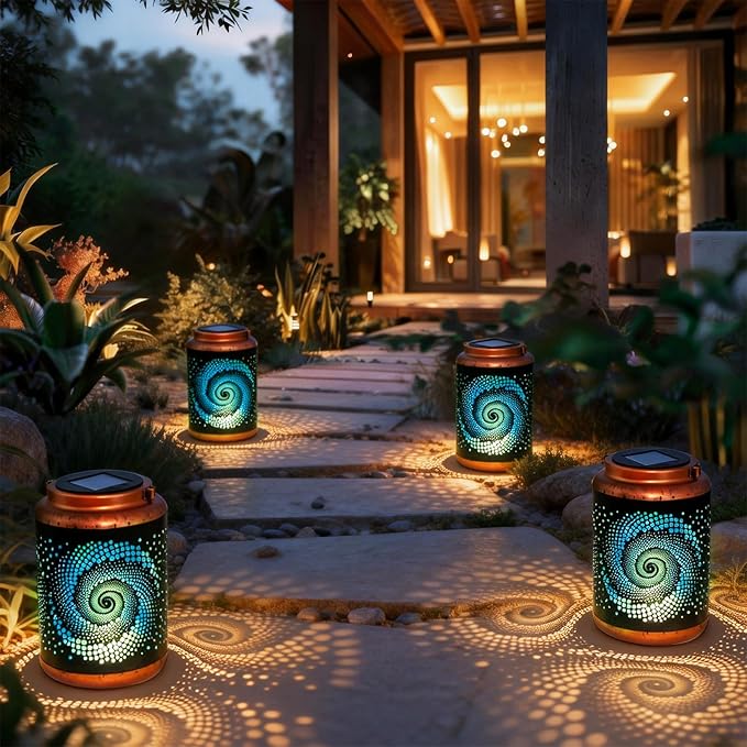 DIBIEECN Mothers Day Gifts for Mom Birthday Gifts Grandma Ladies Solar Lanterns Outdoor Hanging Hollowed-Out Metal Waterproof LED Garden Decor Outside for Patio Yard Porch Blue 4 Pack