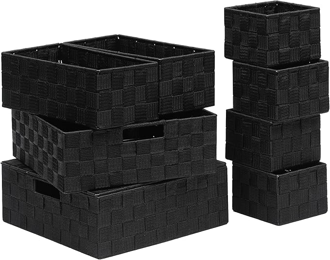 Woven Storage Bins with Lids Set of 8 Polypropylene Storage Baskets with Metal Frame Stackable Fabric Boxes for Drawers Closet Shelf Nursery and Office Black