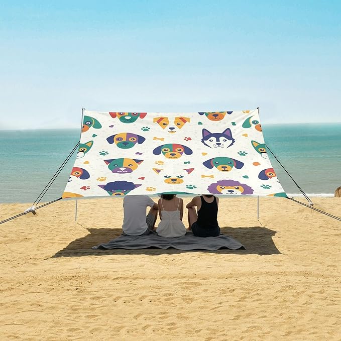 Dog Beach Canopy Sun Shelter with Sandbags &amp Sand Shovel &amp Windproof Ropes - Portable 110x126 Beach Shade Beach Tent for Camping Picnics