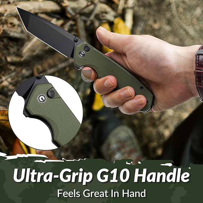 CIVIVI Brazen Folding Knife Button Lock Pocket Knife with 3.46'' Swedish 14C28N Tanto Blade Ultra-Grip G10 Handle Low Profile Clip for EDC C19059C-2 (OD Green)