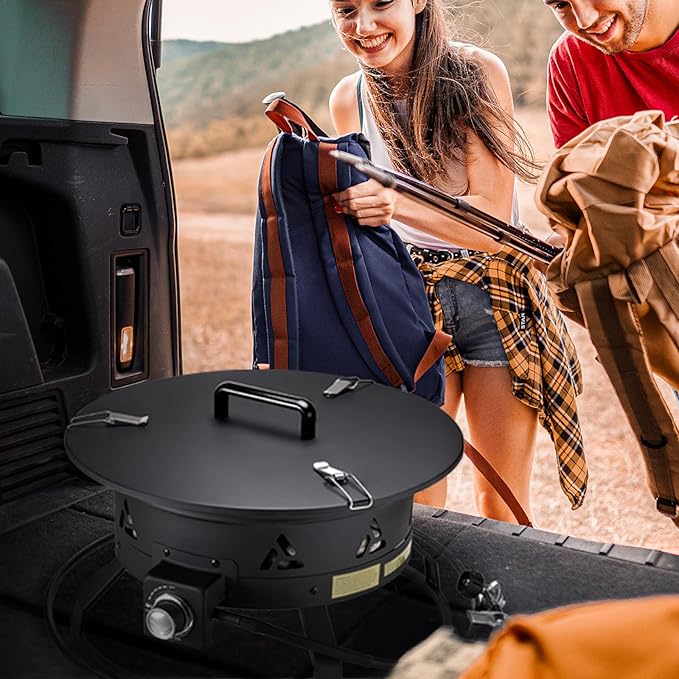VEVOR Propane Fire Pit 19-Inch Diameter Outdoor Portable Gas Fire Pit with Cover &amp Lava Rocks Adjustable Flame Height Camping Firepit for Heating Lighting Gathering 58000 BTU Black
