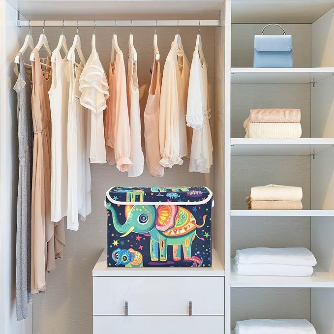 Collapsible Storage Bins with Lids Decorative Fabric Storage Cubes Closet Organizer and Storage Basket Boxes Containers for Clothes Box Chest Nursery Folding Rectangle Elephants Aliens Cartoo