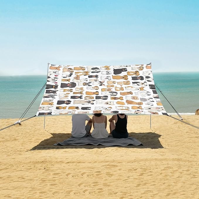 ALAZA Cute Dogs Puppy Animal Beach Tent Sun Shelter UPF50+ Protection Beach Shade Canopy w/ 4 Sandbags for Outdoor Camping Fishing Backyard Fun Picnic 10x9 ft