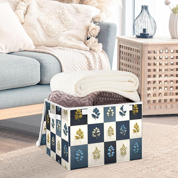 Lidded Storage Cube Luxury Leaf Checkered Print 1 Pack Collapsible Large Capacity Foldable Storage Basket Bin Organizer 16.5×12.6×11.8 in