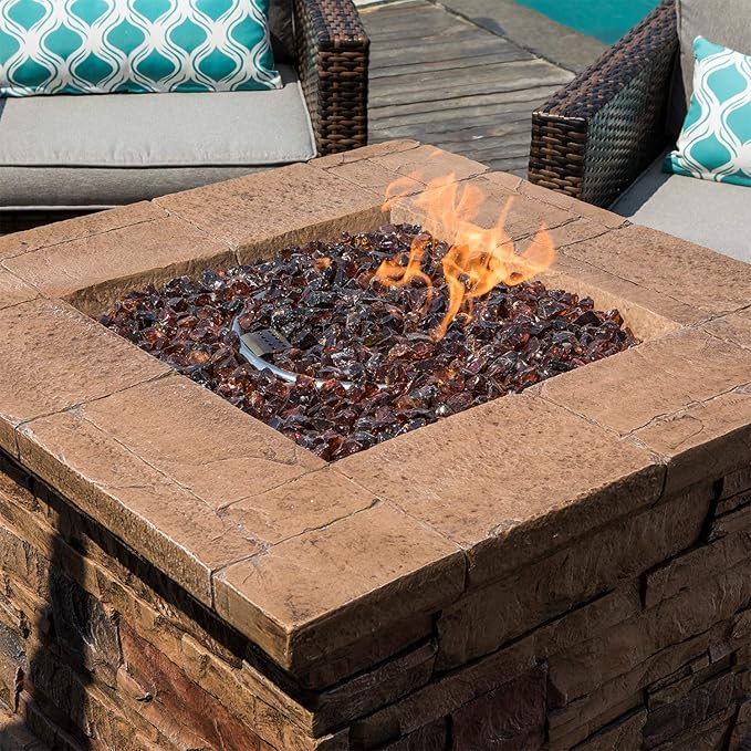 COSIEST 5-Piece Faux Brown Propane Fire Pit Outdoor Furniture Brown Chairs Warm Gray Wicker Thick Cushion Sofa w 32-inch Square Propane Fire Table (50000 BTU) for Garden Pool Backyard