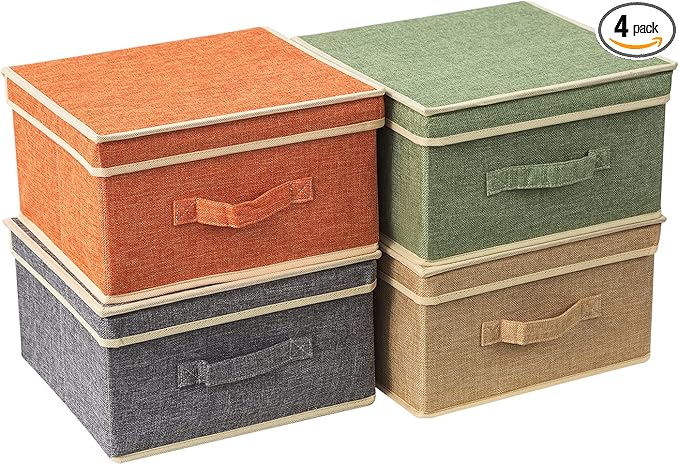Storage Bins with Lid Foldable Clothing Storage Box case with Handle for Closet Bedroom Home 4 Color Set A 13L x 12.5W x 7H inch