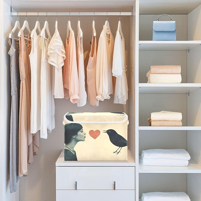 AIXIWAWA Lidded Storage Cube (Woman Bird Heart) Fabric Foldable Closet Bins with Flip Lid and Handles Organizer Basket Container 16.5 x 12.6 x 11.8 IN